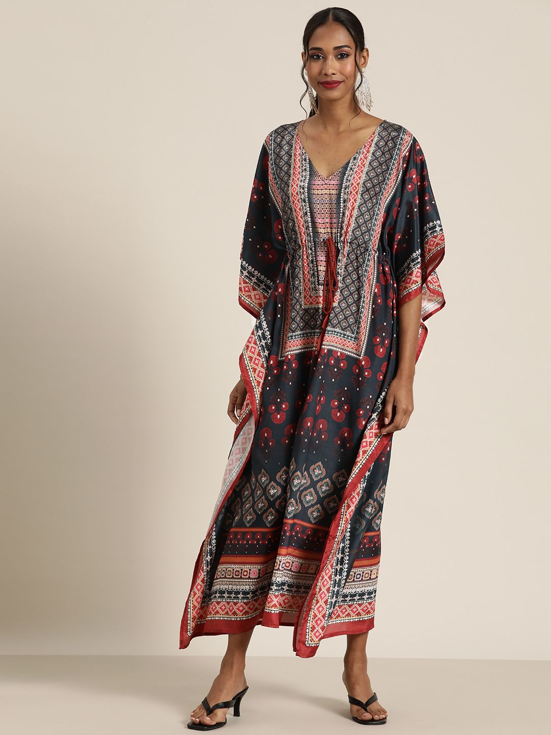 Shae by SASSAFRAS Navy Blue & Rust Floral Ethnic Kaftan Midi Dress Price in India