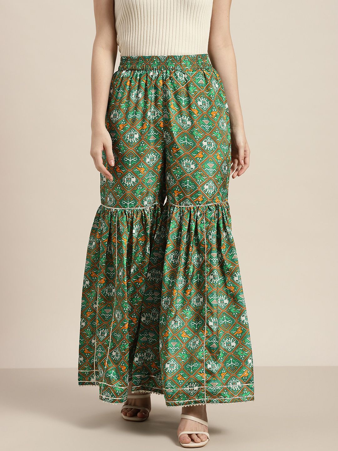 Shae by SASSAFRAS Women Green Floral Printed Flared Ethnic Palazzos Price in India