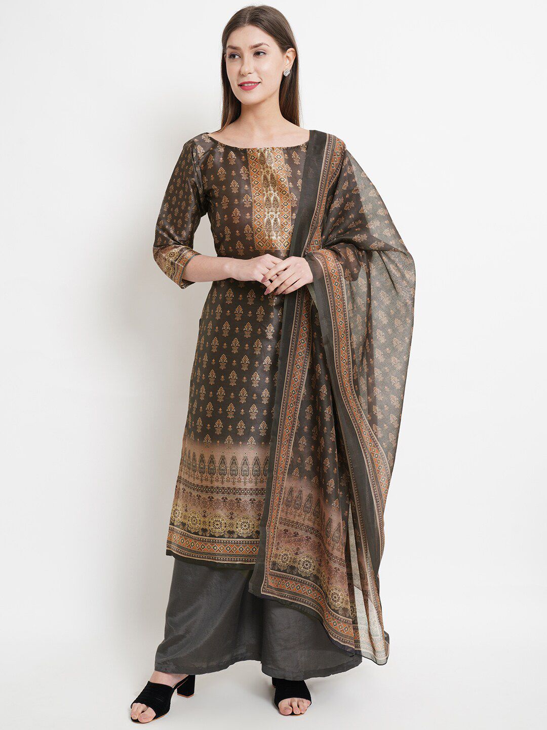Stylee LIFESTYLE Women Black Printed Pure Silk Unstitched Dress Material Price in India
