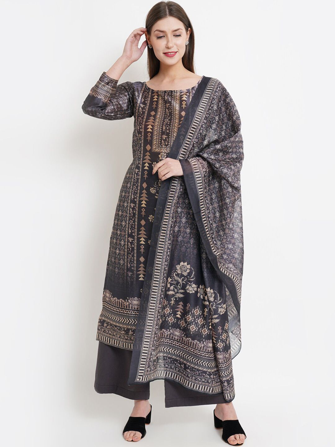 Stylee LIFESTYLE Women Black & Gold-Toned Abstract Pure Silk Unstitched Dress Material Price in India