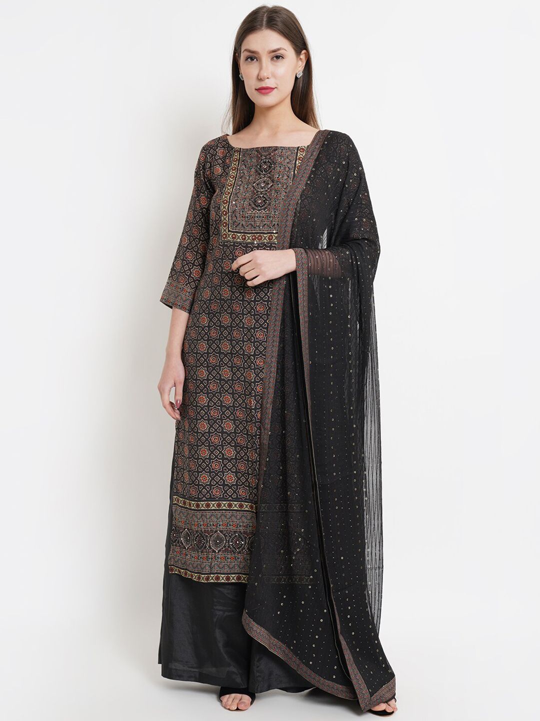 Stylee LIFESTYLE Black & Gold-Toned Printed Pure Silk Unstitched Dress Material Price in India