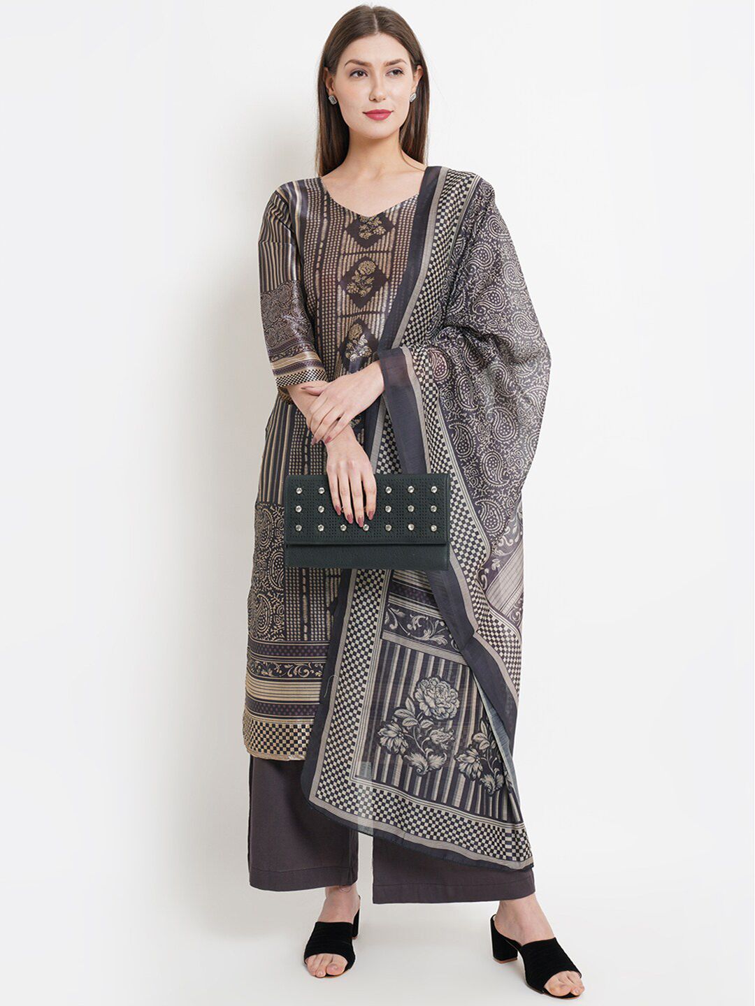 Stylee LIFESTYLE Black & Grey Printed Pure Silk Unstitched Dress Material Price in India