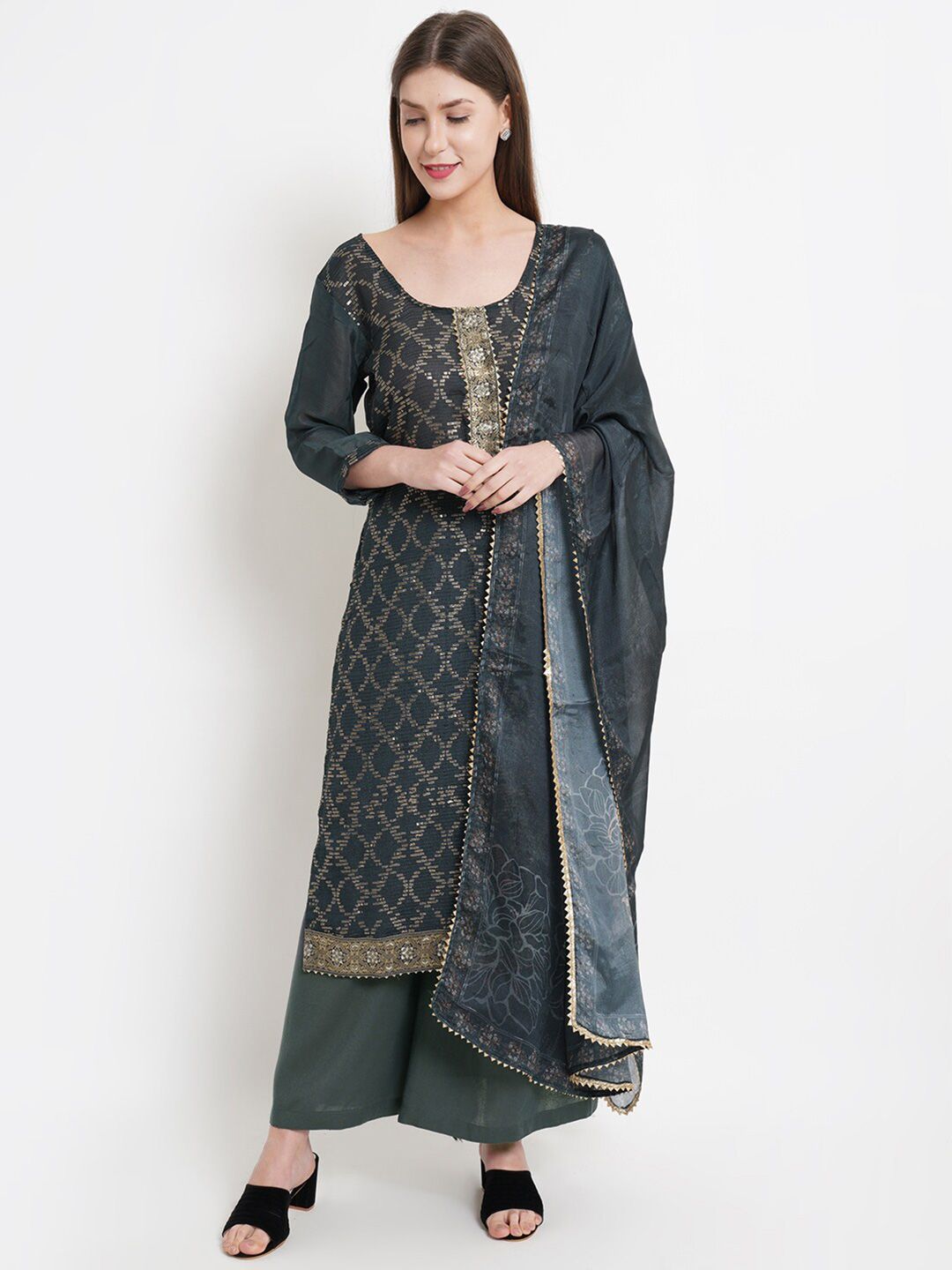 Stylee LIFESTYLE Teal & Gold-Toned Embellished Unstitched Dress Material Price in India