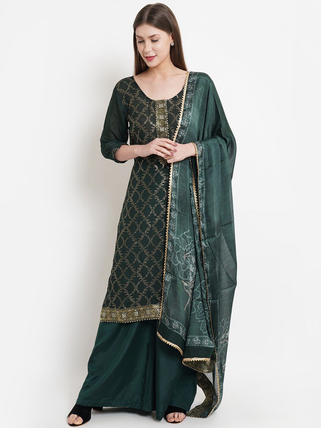 Stylee LIFESTYLE Women Green Embellished Unstitched Dress Material Price in India