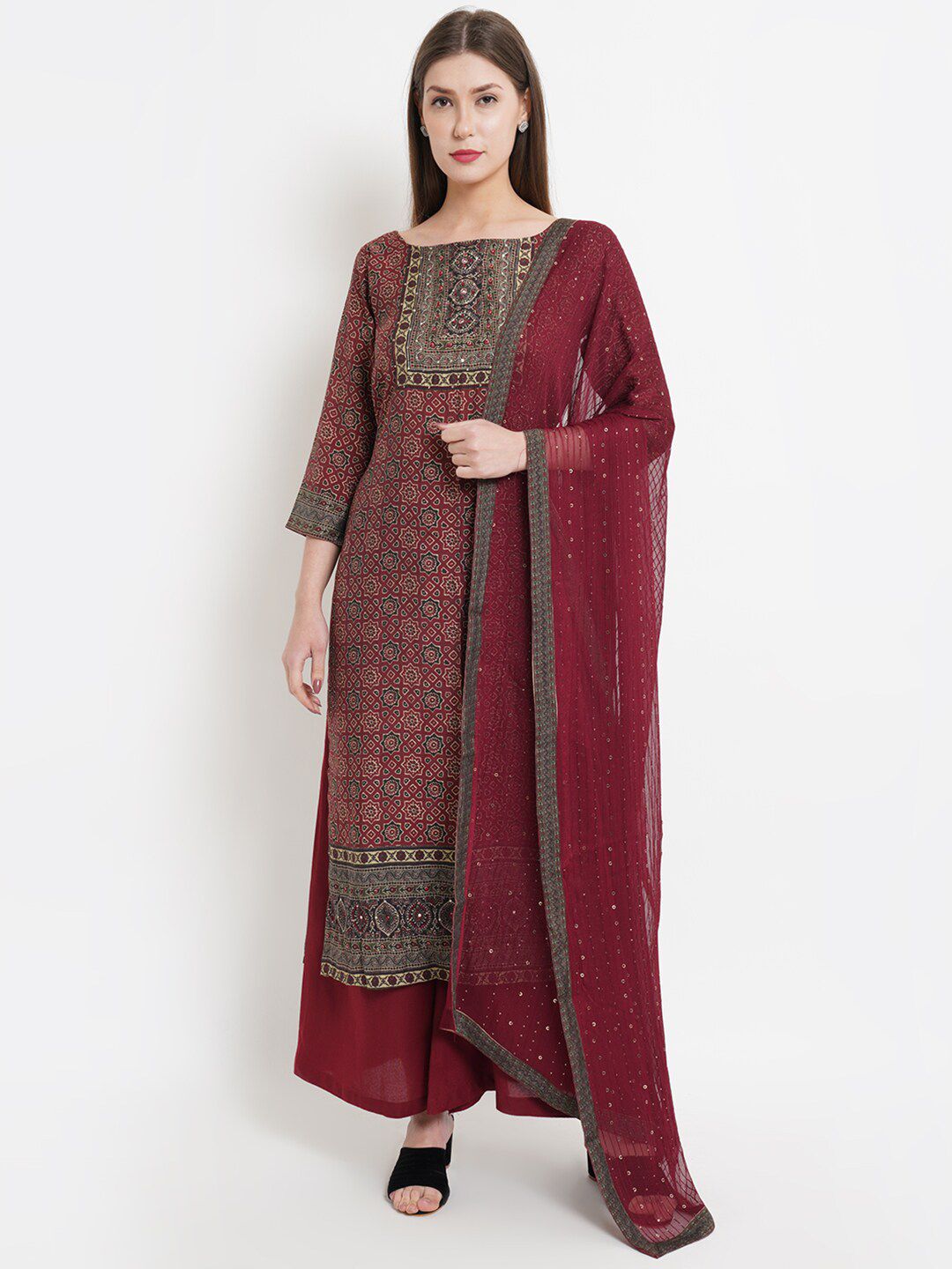 Stylee LIFESTYLE Women Maroon Printed Pure Silk Unstitched Dress Material Price in India