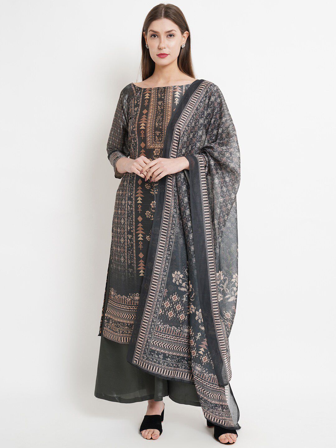 Stylee LIFESTYLE Green & Grey Printed Pure Silk Unstitched Dress Material Price in India