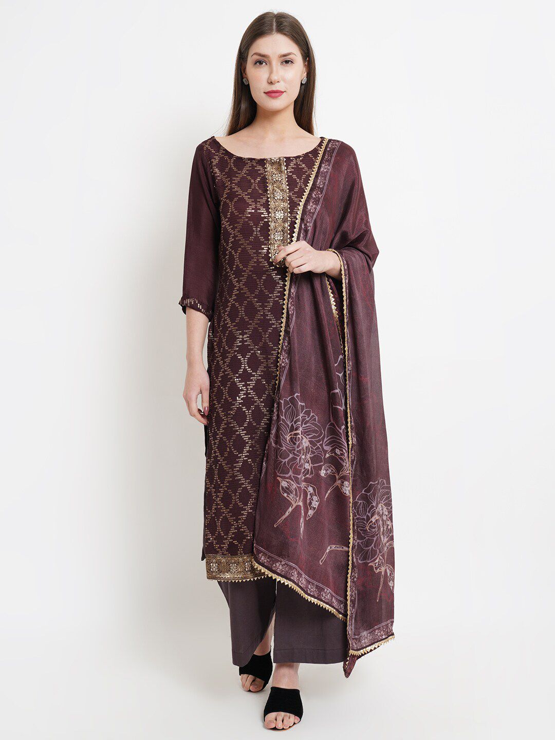 Stylee LIFESTYLE Women Maroon & Gold-Toned Chinon Chiffon Unstitched Dress Material Price in India