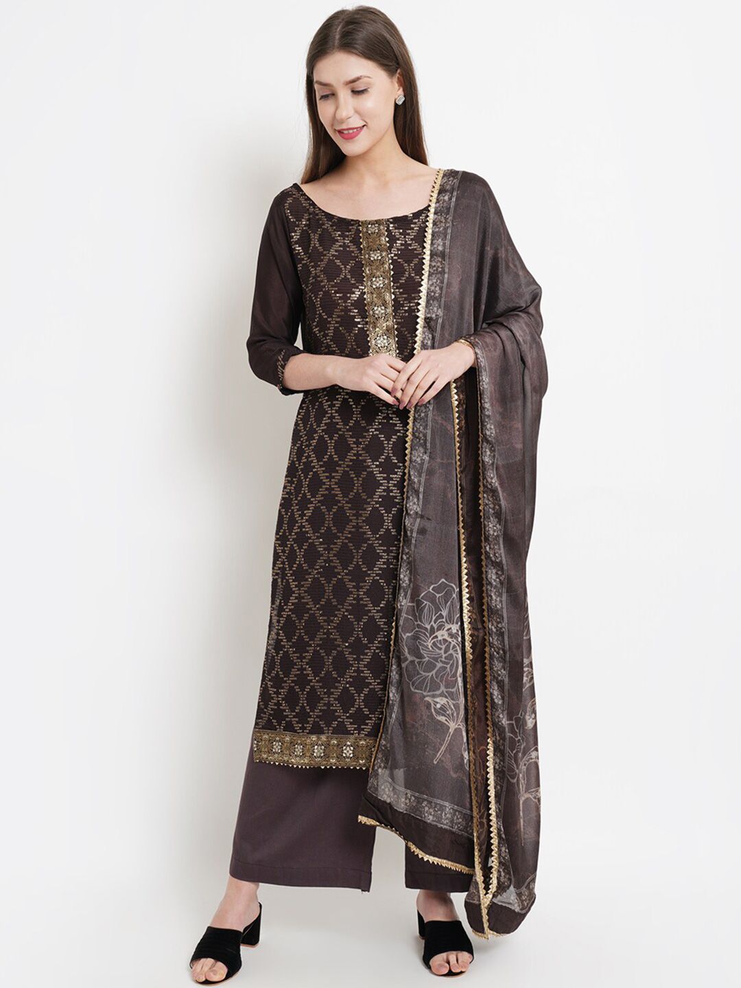 Stylee LIFESTYLE Brown & Gold-Toned Printed Unstitched Dress Material Price in India