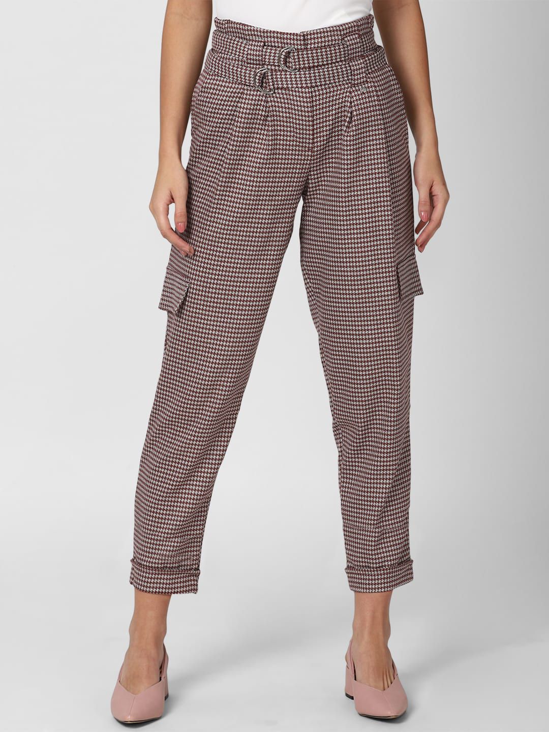 Van Heusen Woman Women Maroon Checked Pleated Trousers Price in India