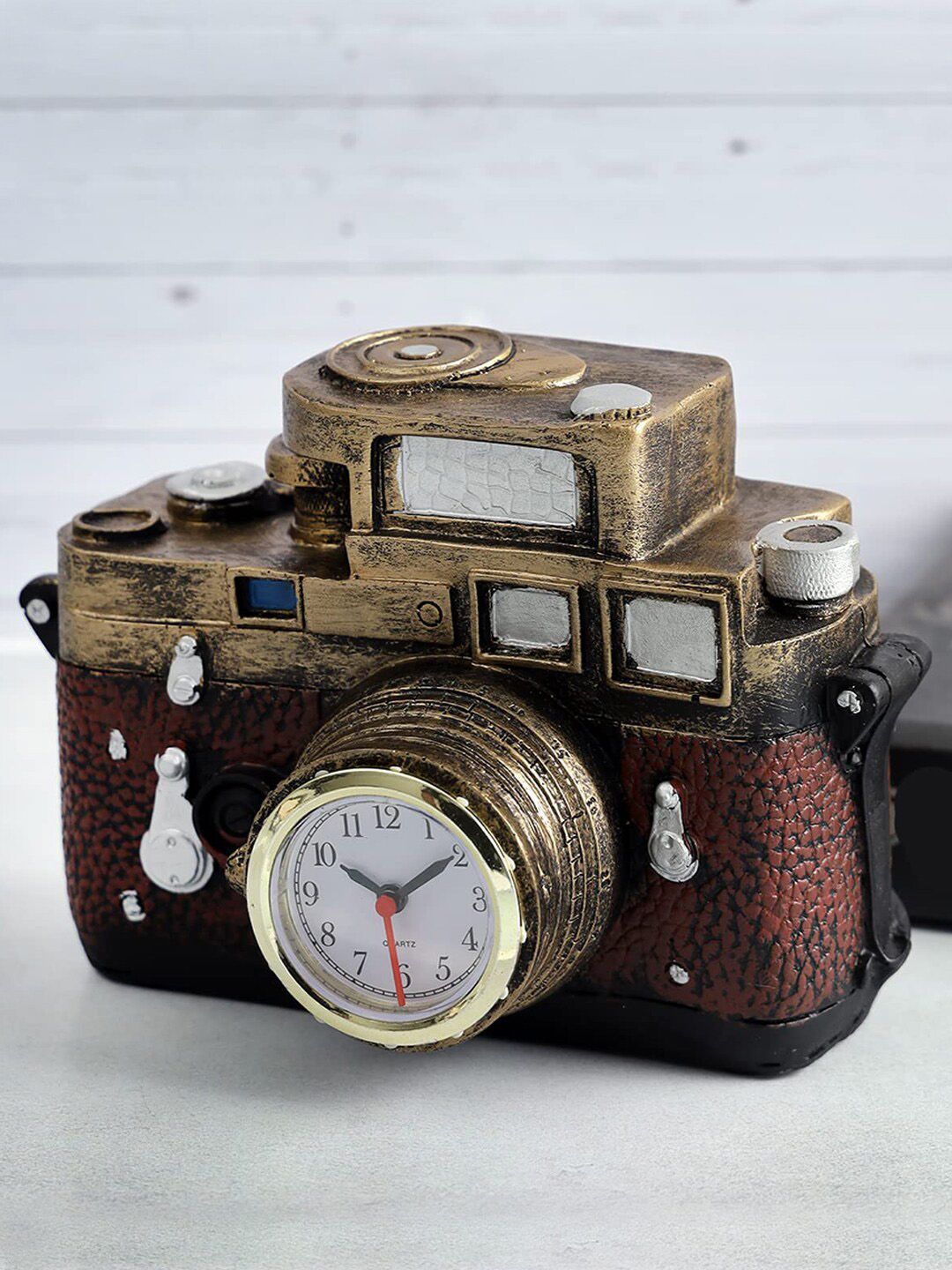 A Vintage Affair- Home Decor Brown & Gold-Toned Quirky Camera Shaped Vintage Table Clock Price in India