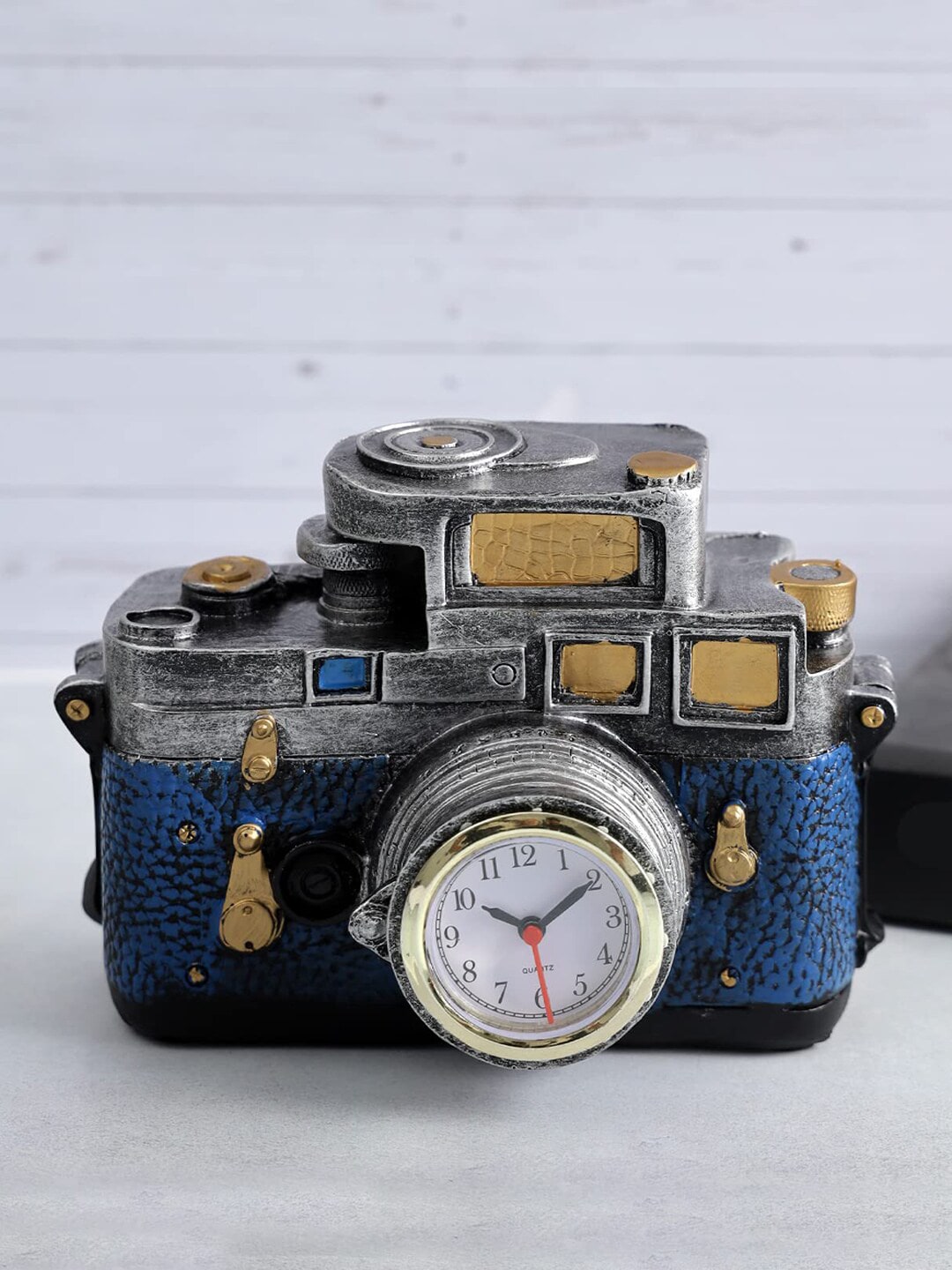 A Vintage Affair- Home Decor Blue & Silver-Toned Quirky Camera Shaped Vintage Table Clock Price in India