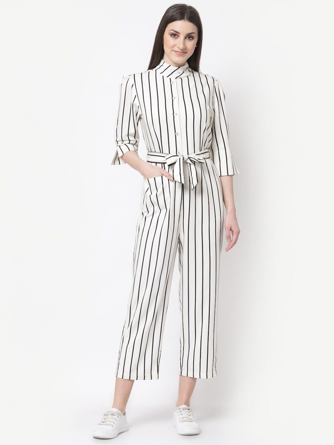 BLANC9 Beige & Black Striped Basic Jumpsuit Price in India