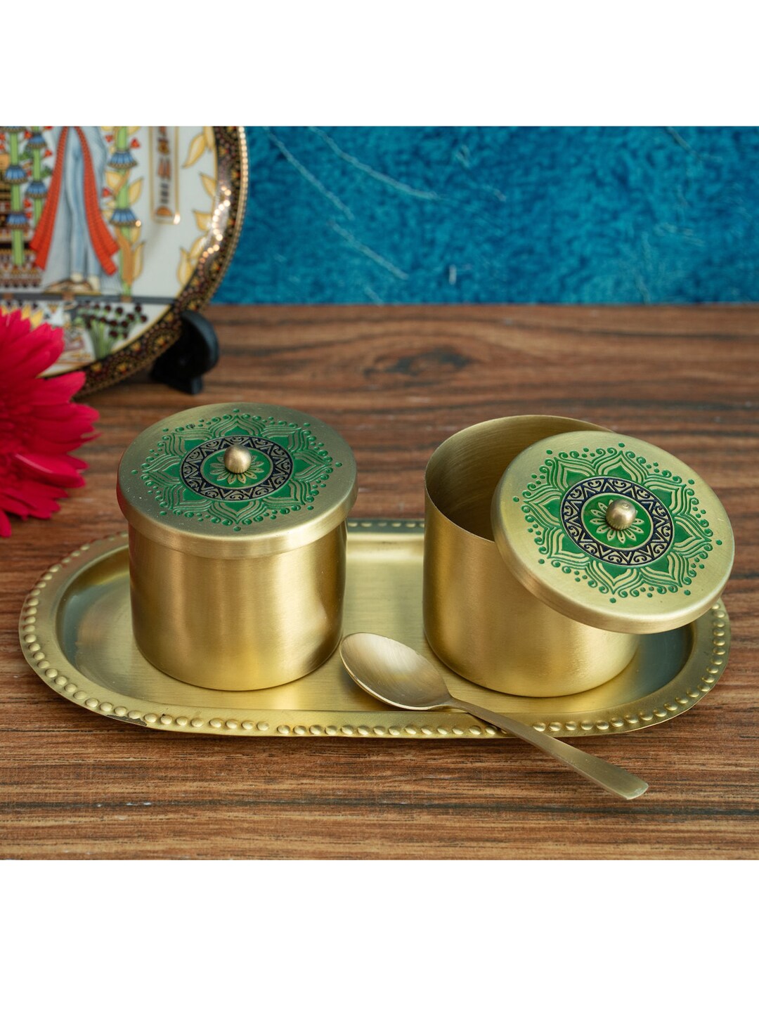 nakshikathaa Gold Toned & Green 2 Brass Condiment Jars with Tray and Spoon Price in India