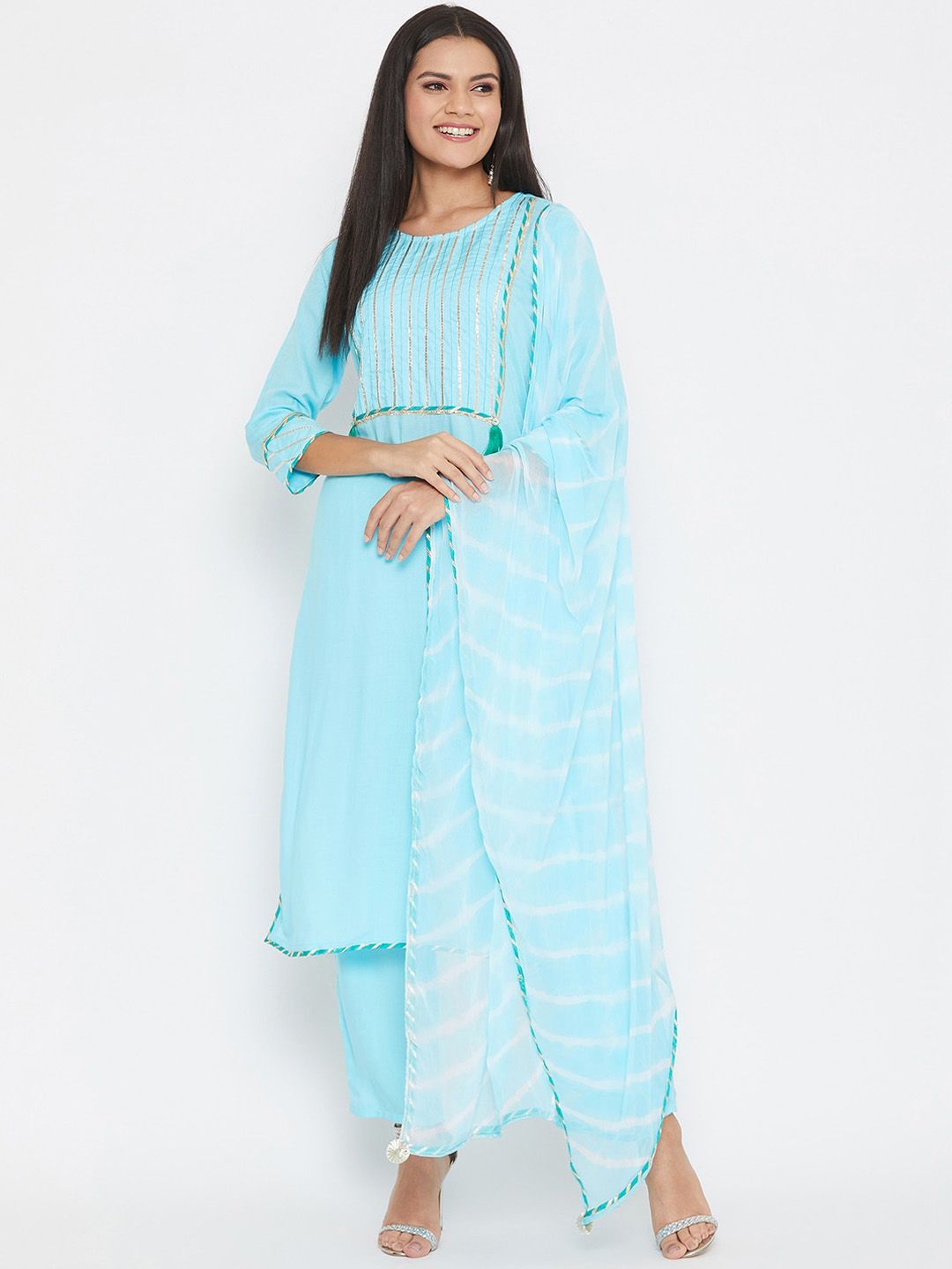 Prakhya Women Blue Yoke Design Kurta with Trousers & Dupatta Price in India