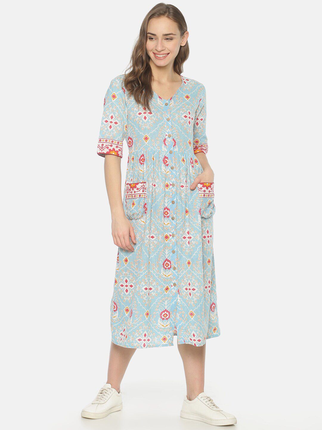UNTUNG Blue Floral A-Line Midi Dress Price in India