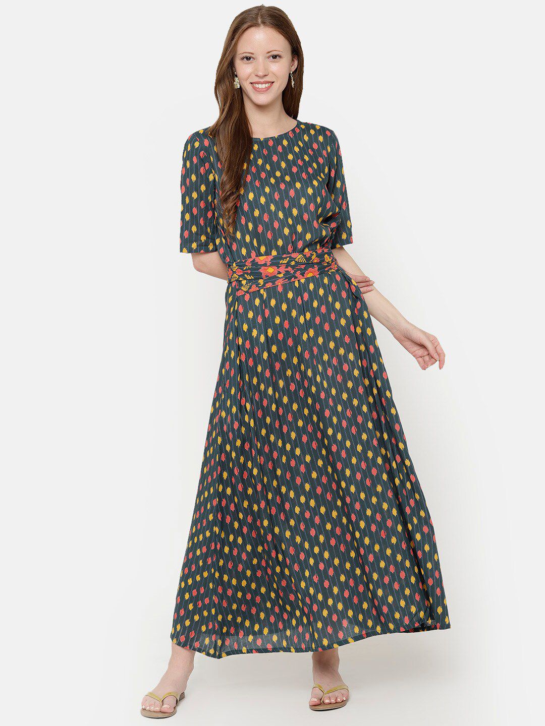 UNTUNG Green Printed Maxi Dress With Attached Fabric Belt Price in India