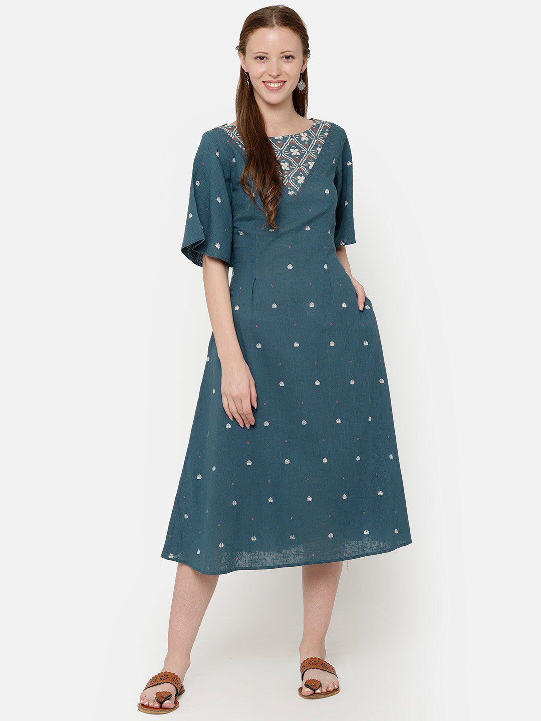 UNTUNG Green Floral A-Line Midi Dress Price in India