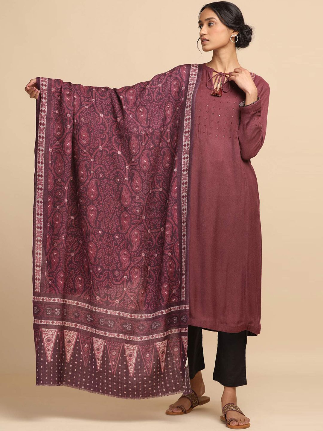 W The Folksong Collection Women Dark Purple Printed Woollen Shawl Price in India