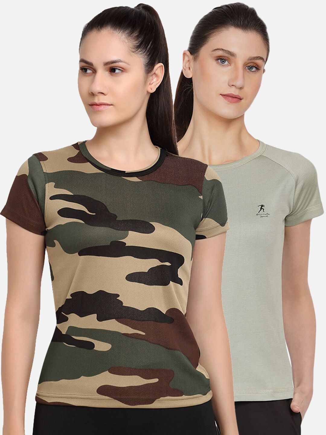 ARMISTO Women Olive Green Camouflage Printed Dri-FIT Training or Gym T-shirt Set Of 2 Price in India