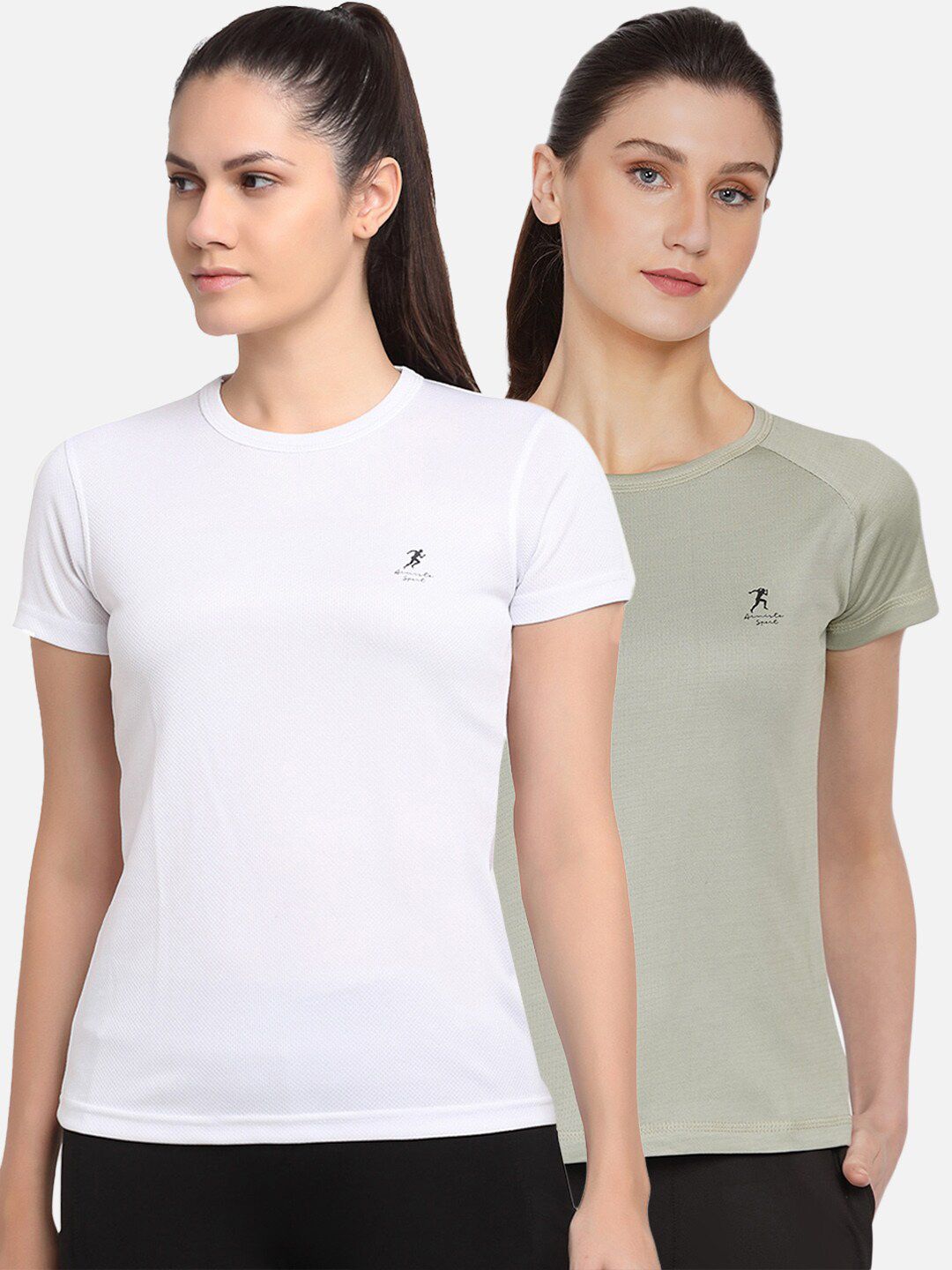 ARMISTO Women Pack of 2 White & Sage Green Dri-FIT Slim Fit Training or Gym T-shirts Price in India