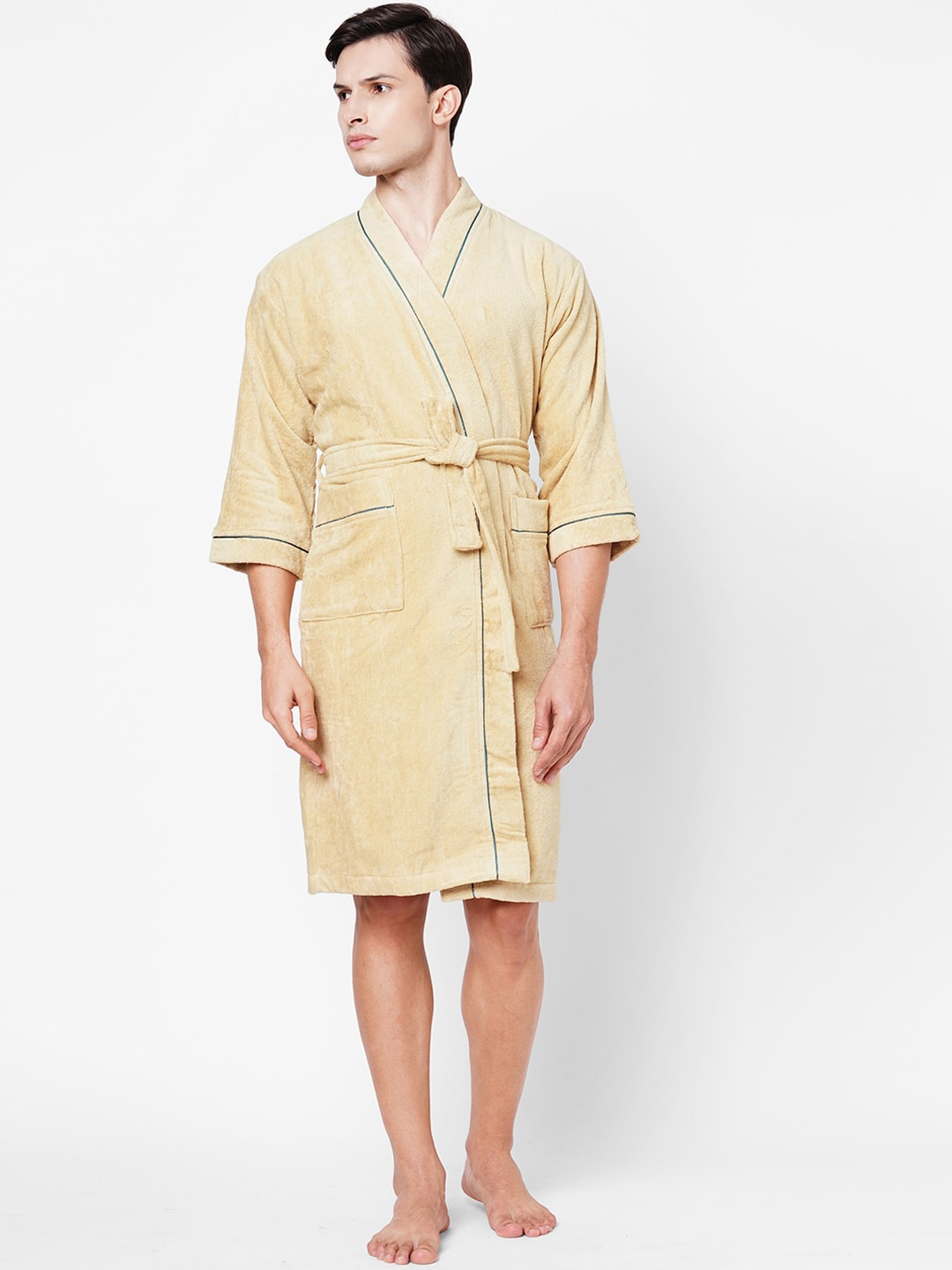 SPACES Unisex Beige Solid Pure Cotton Quick Dry High Loft Ultra Soft Bath Robe Price in India