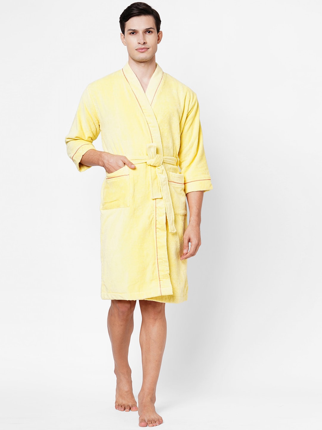 SPACES Unisex Yellow Ultra Soft Quick Dry Pure Cotton Bath Robe Price in India