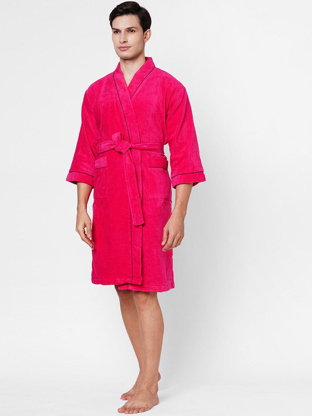 SPACES Unisex Red Solid Pure Cotton Ultra Soft Bath Robe Price in India
