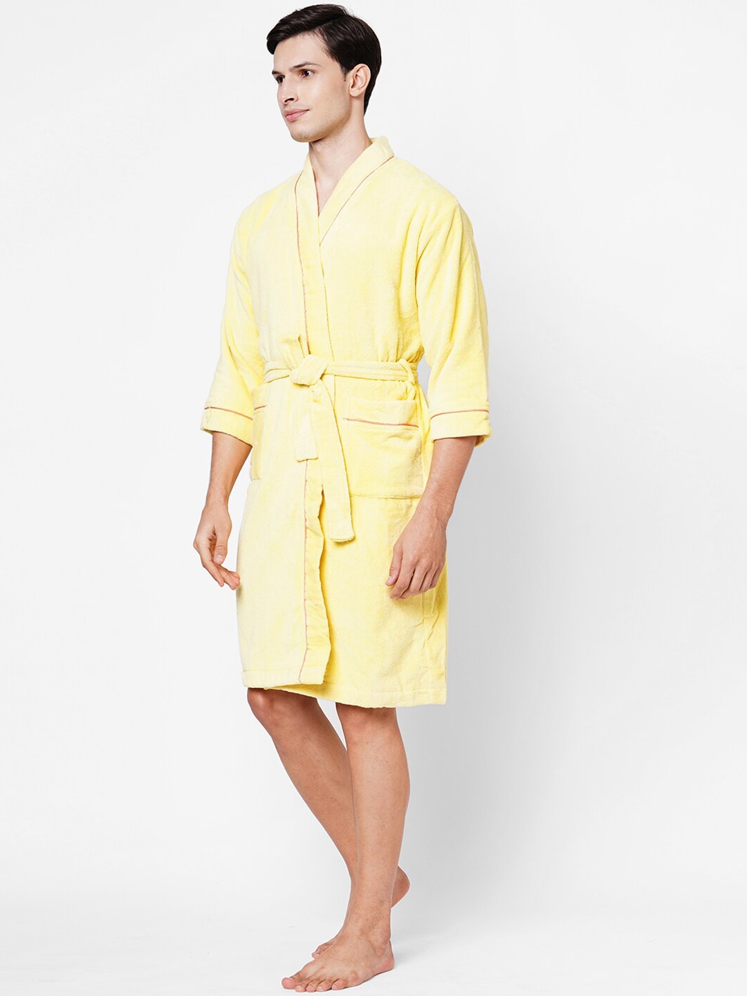SPACES Men Yellow Solid Pure Cotton 380GSM Quick Dry Ultra Soft Bath Robe Price in India