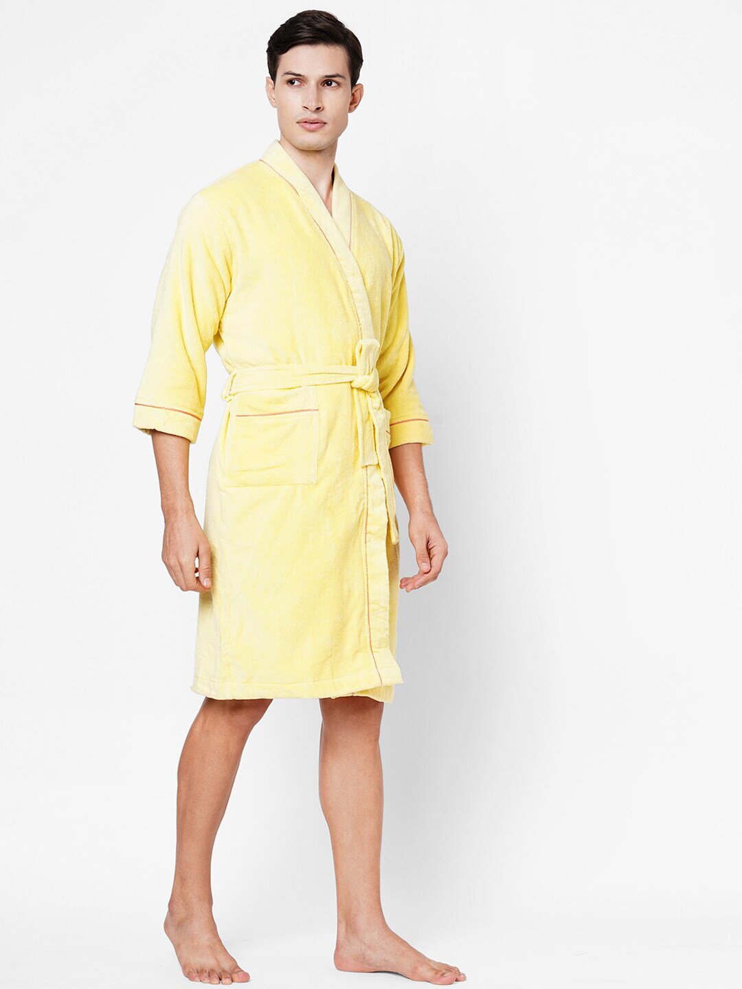 SPACES Unisex Yellow Solid Cotton Quick Dry Bath Robe Price in India