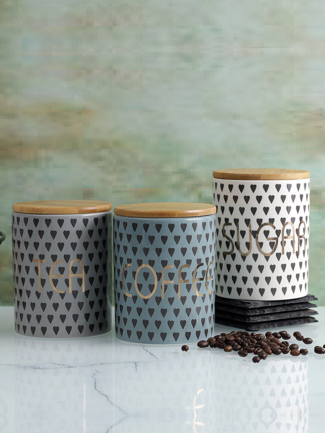 A Vintage Affair- Home Decor Set of 3 Grey & Blue Printed Kitchen Storage Canisters Price in India