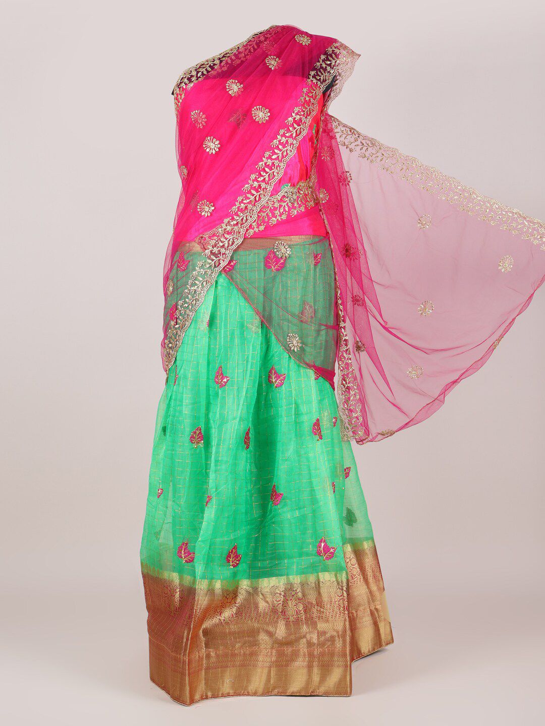 Pothys Pink & Green Embellished Semi-Stitched Lehenga & Unstitched Blouse With Dupatta Price in India