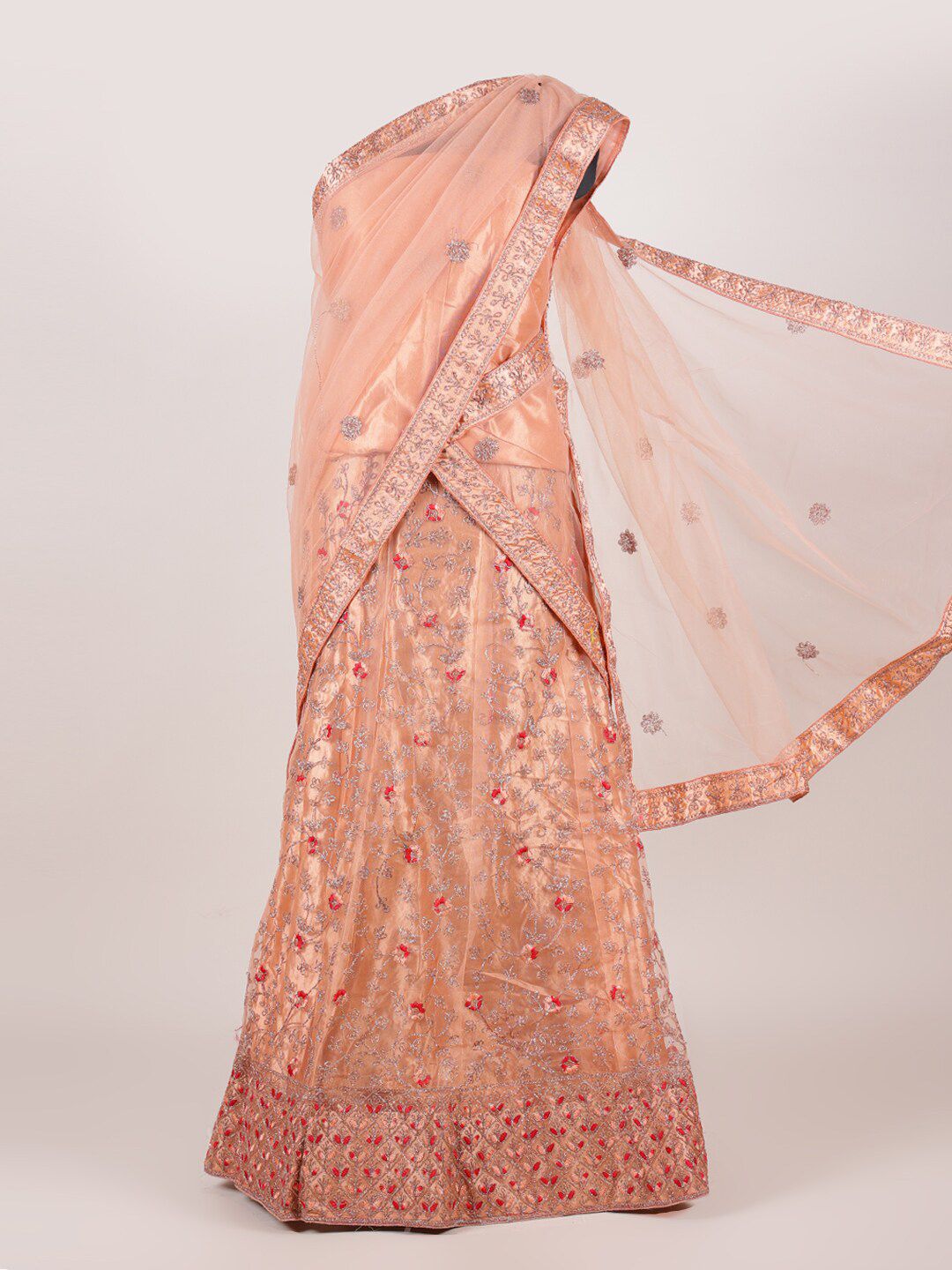 Pothys Peach-Coloured Embroidered Unstitched Lehenga & Blouse With Dupatta Price in India