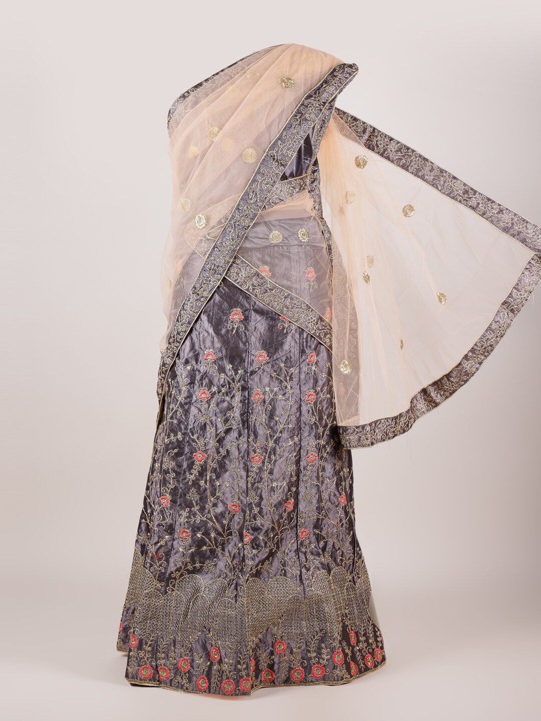 Pothys Peach & Grey Embroidered Semi-Stitched Lehenga & Unstitched Blouse With Dupatta Price in India