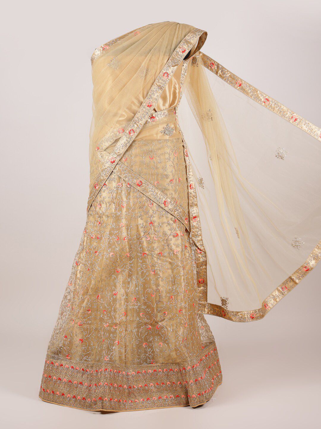 Pothys Women Cream-Coloured Embellished Semi-Stitched Lehenga Choli with Dupatta Price in India