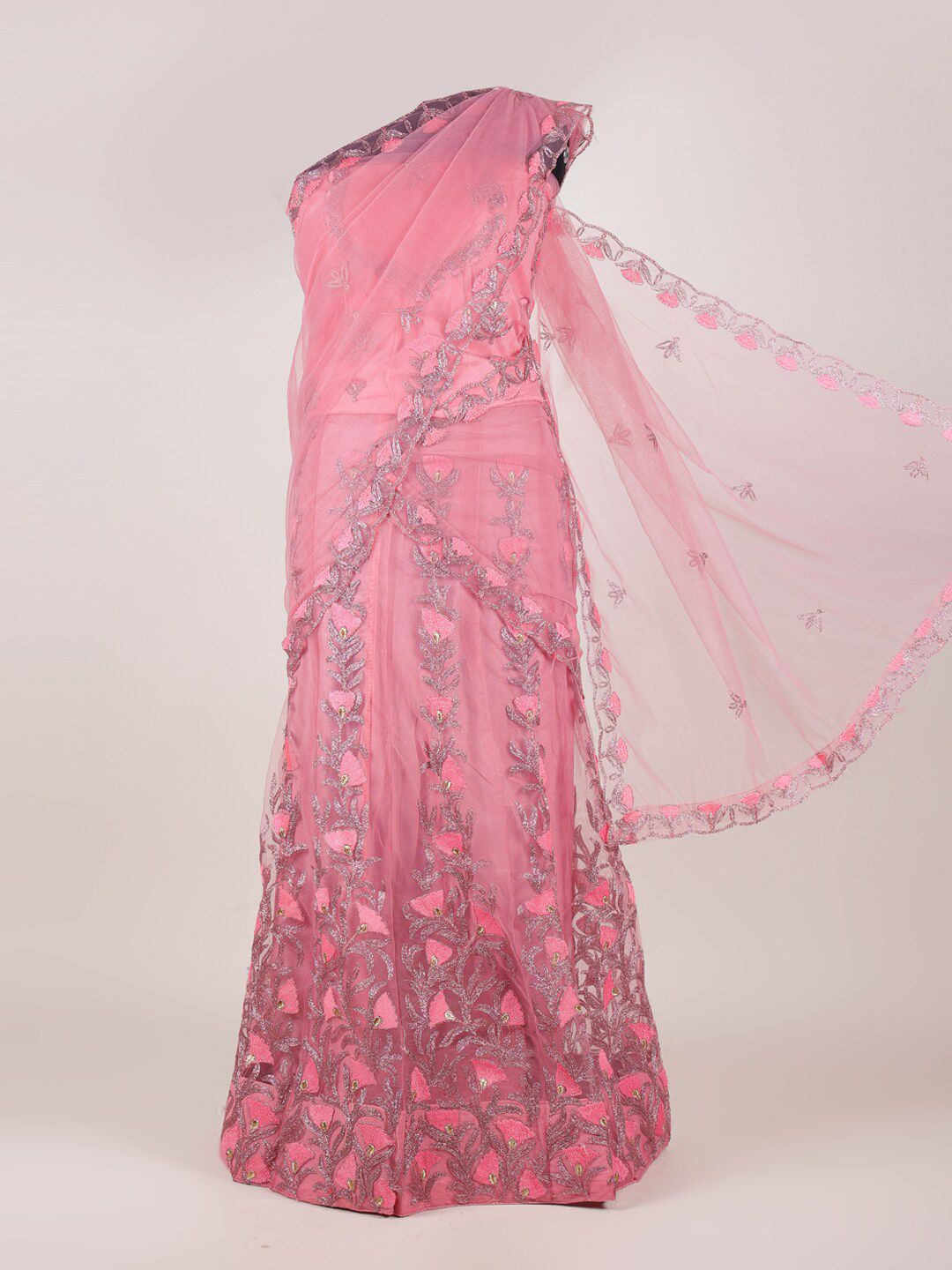 Pothys Pink Embroidered Unstitched Lehenga & Blouse With Dupatta Price in India