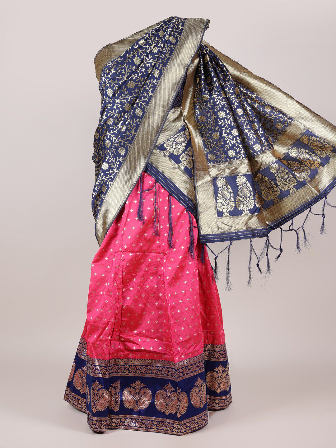 Pothys Women Navy Blue & Magenta Woven Design Semi-Stitched Art Silk Lehenga Pawadai Price in India