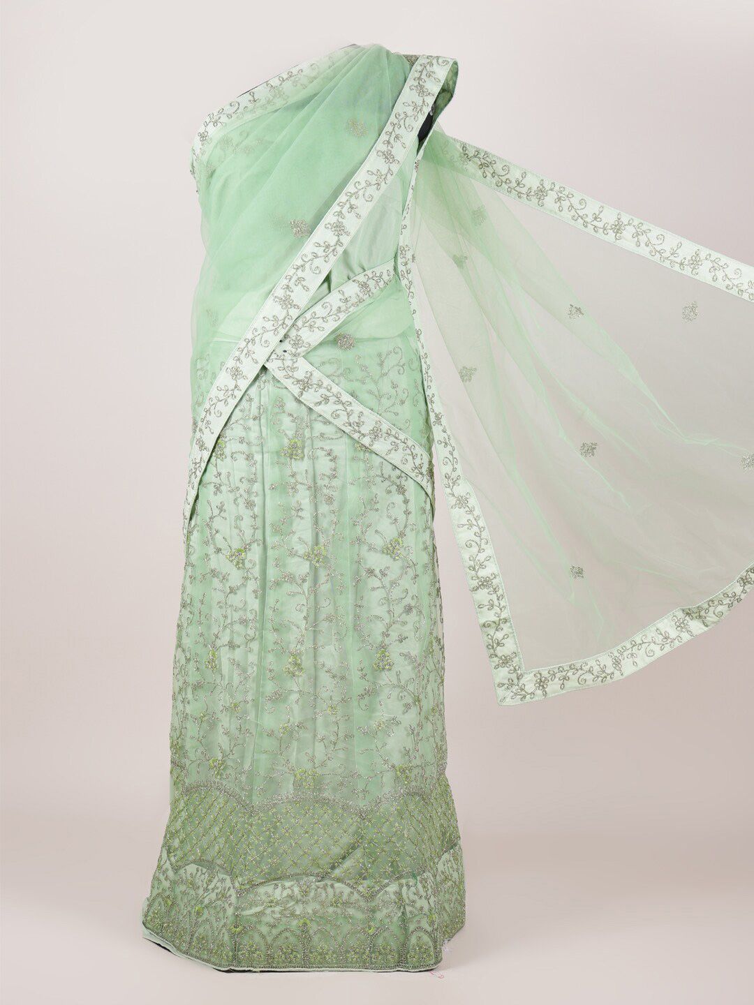 Pothys Green & Silver Embroidered Semi-Stitched Lehenga & Unstitched Blouse With Dupatta Price in India