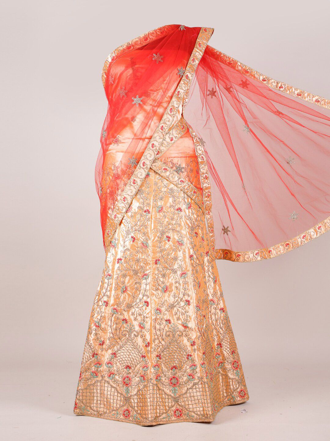 Pothys Women Red & Peach-Coloured Embroidered Semi-Stitched Lehenga Pawadai Price in India