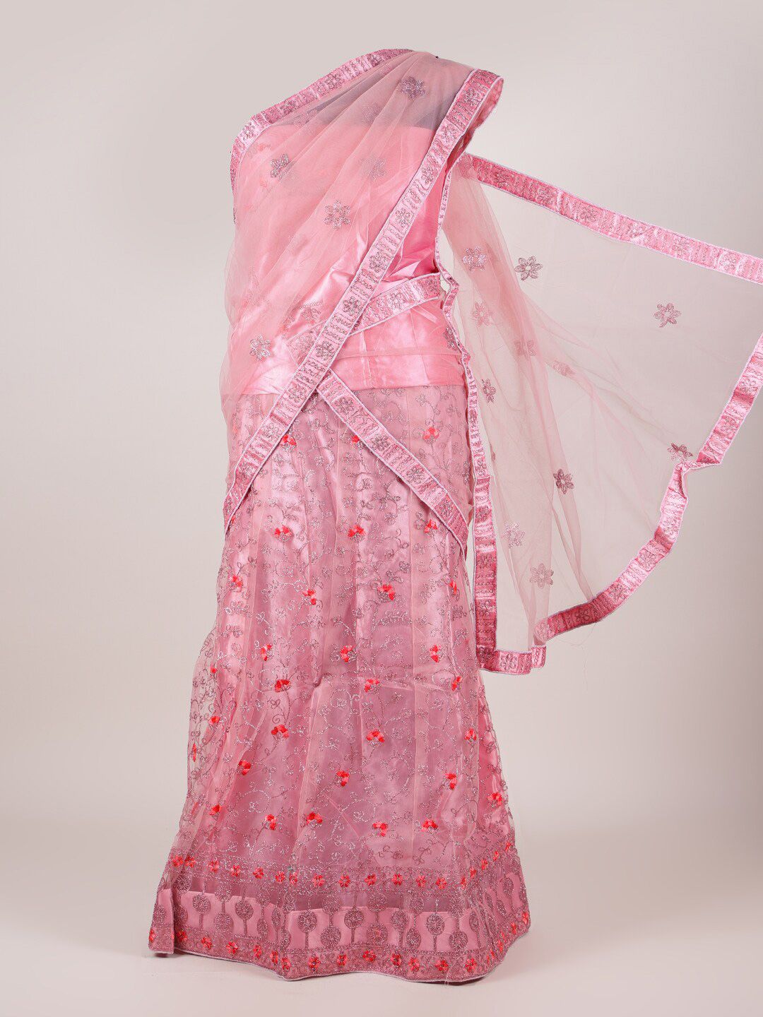 Pothys Pink Embellished Semi-Stitched Lehenga Choli with Dupatta Price in India