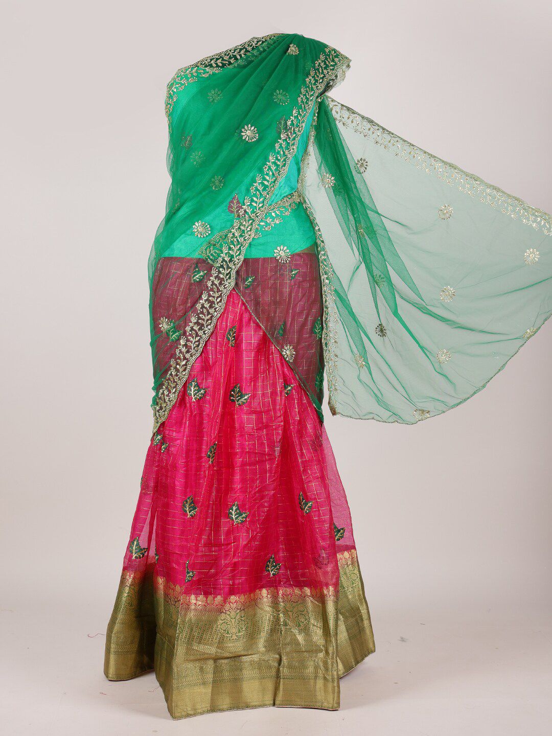 Pothys Green & Pink Embellished Semi-Stitched Lehenga & Unstitched Blouse With Dupatta Price in India