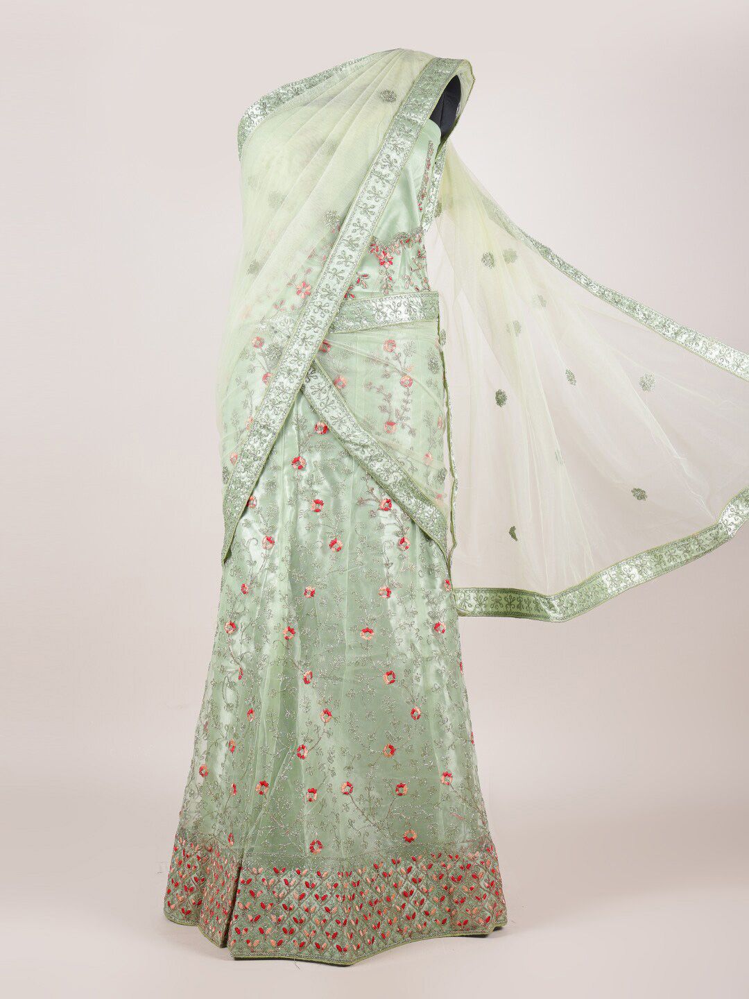 Pothys Green & Silver-Toned Semi-Stitched Lehenga & Unstitched Blouse & Net Dhavani Price in India