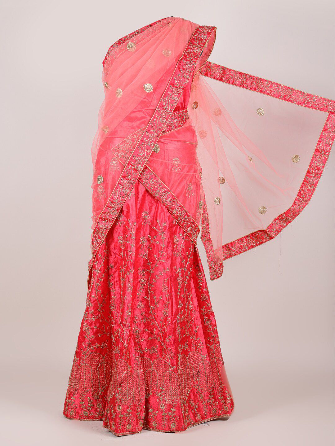 Pothys Pink Embroidered Semi-Stitched Lehenga & Unstitched Blouse With Dupatta Price in India