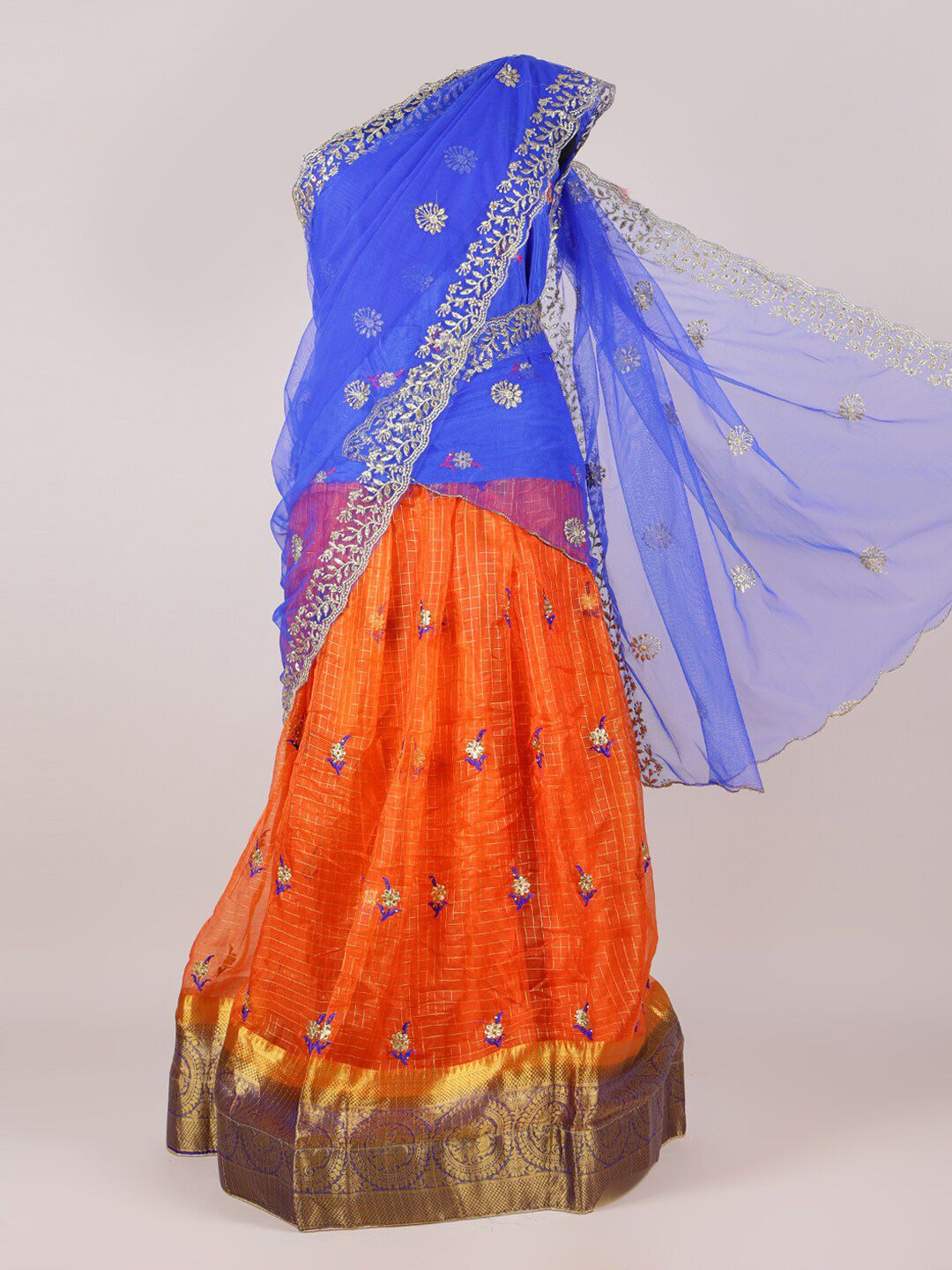 Pothys Blue & Orange Embellished Semi-Stitched Lehenga Choli with Dupatta Price in India