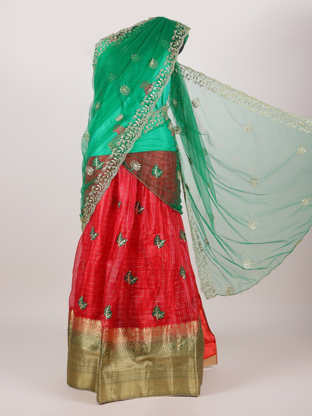 Pothys Green & Red Embellished Semi-Stitched Lehenga & Unstitched Blouse With Dupatta Price in India