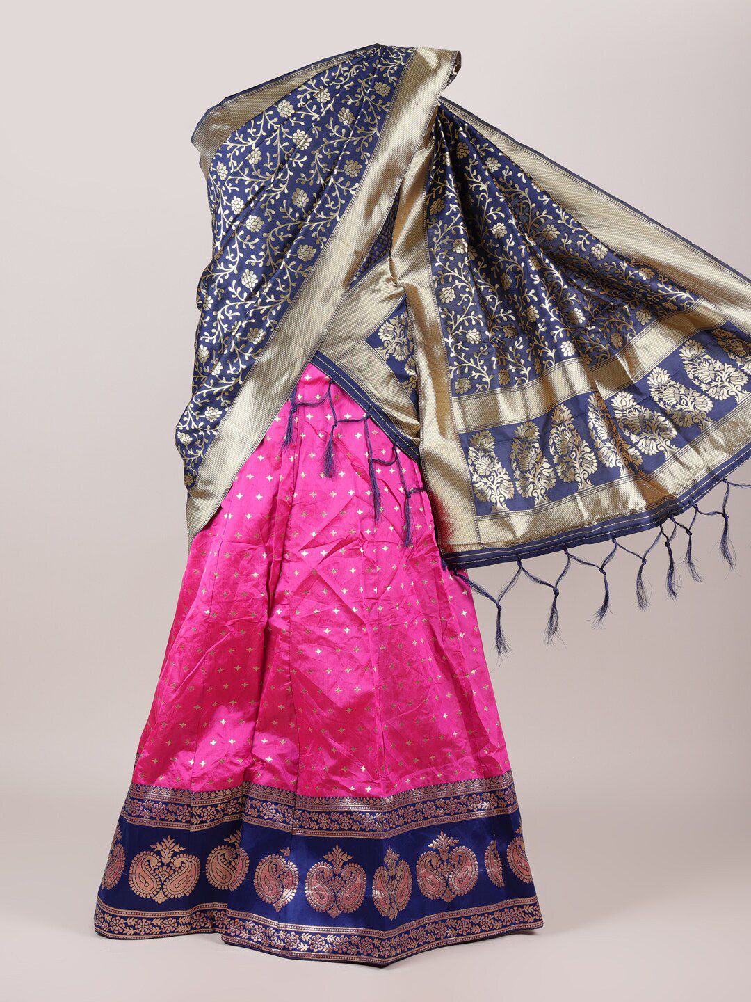 Pothys Women Navy Blue & Pink Woven Design Semi-Stitched Art Silk Lehenga Pawadai Price in India