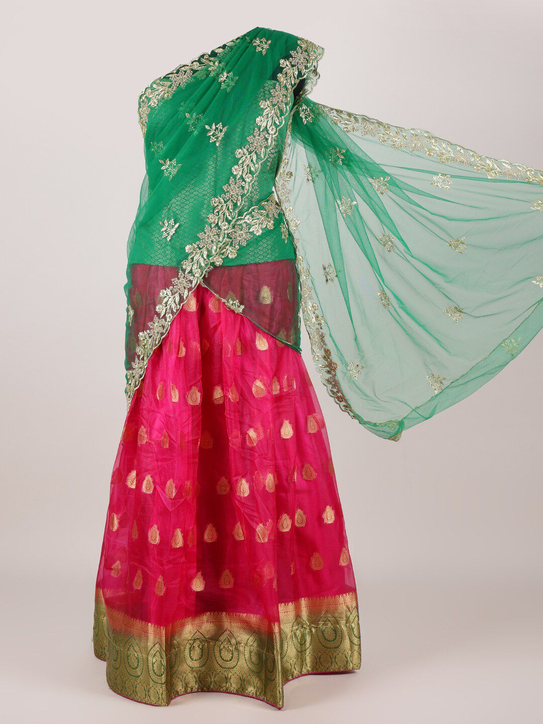 Pothys Green & Pink Embroidered Semi-Stitched Half Saree Price in India