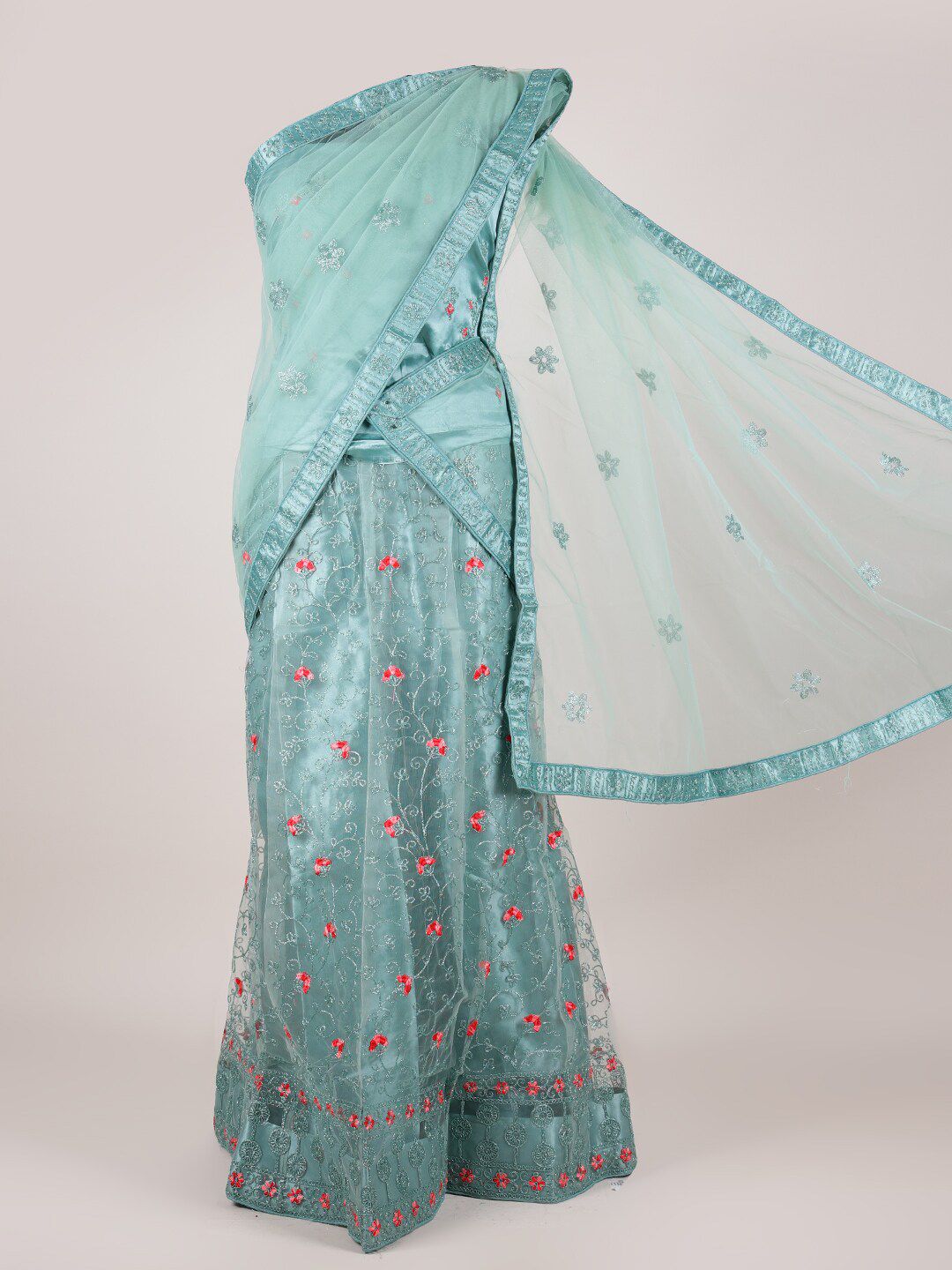 Pothys Sea Green & Silver Semi-Stitched Lehenga & Unstitched Blouse With Dupatta Price in India