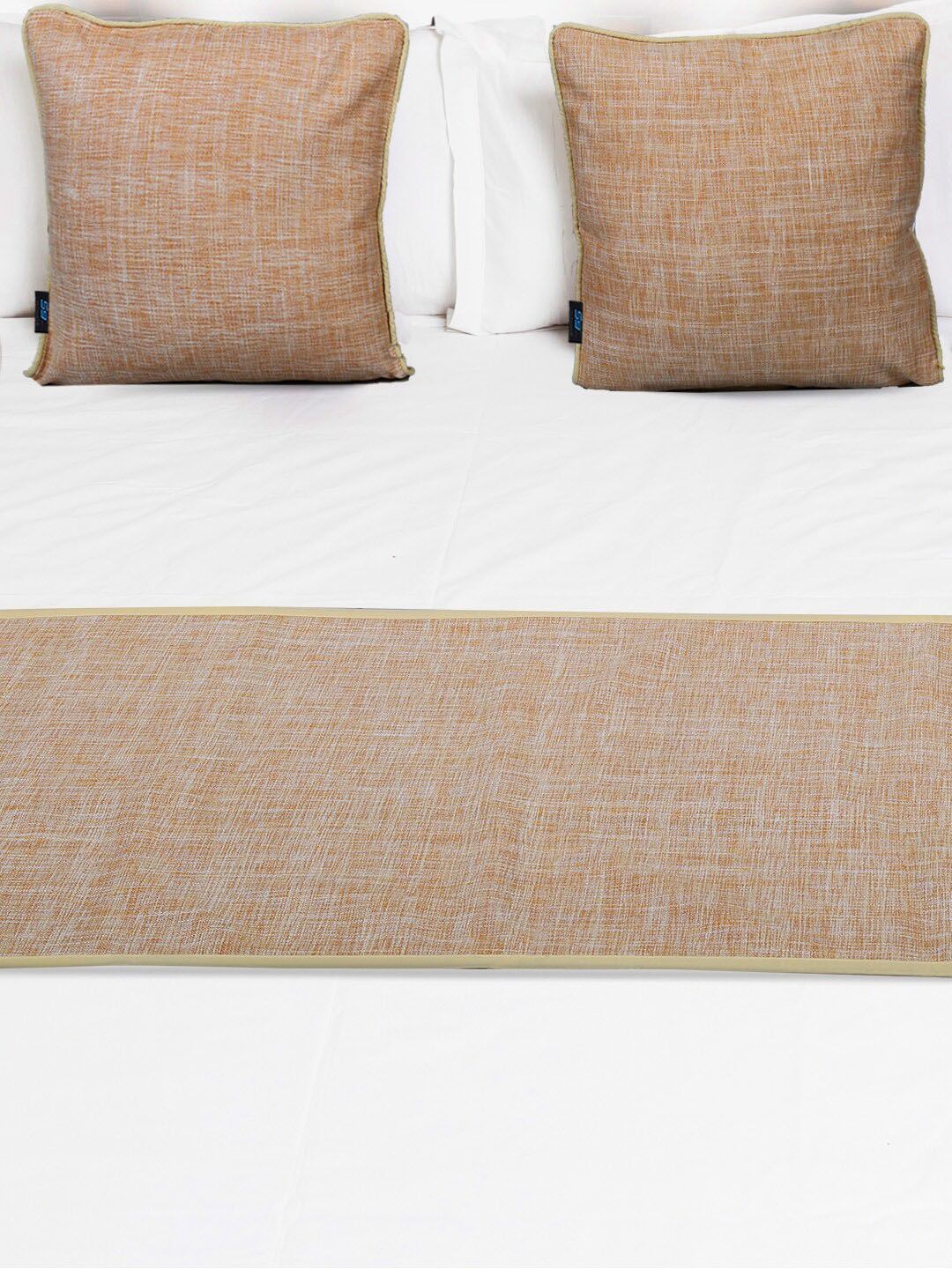 S9home by Seasons Beige Self Design Bed Runner With 2 Cushion covers Price in India