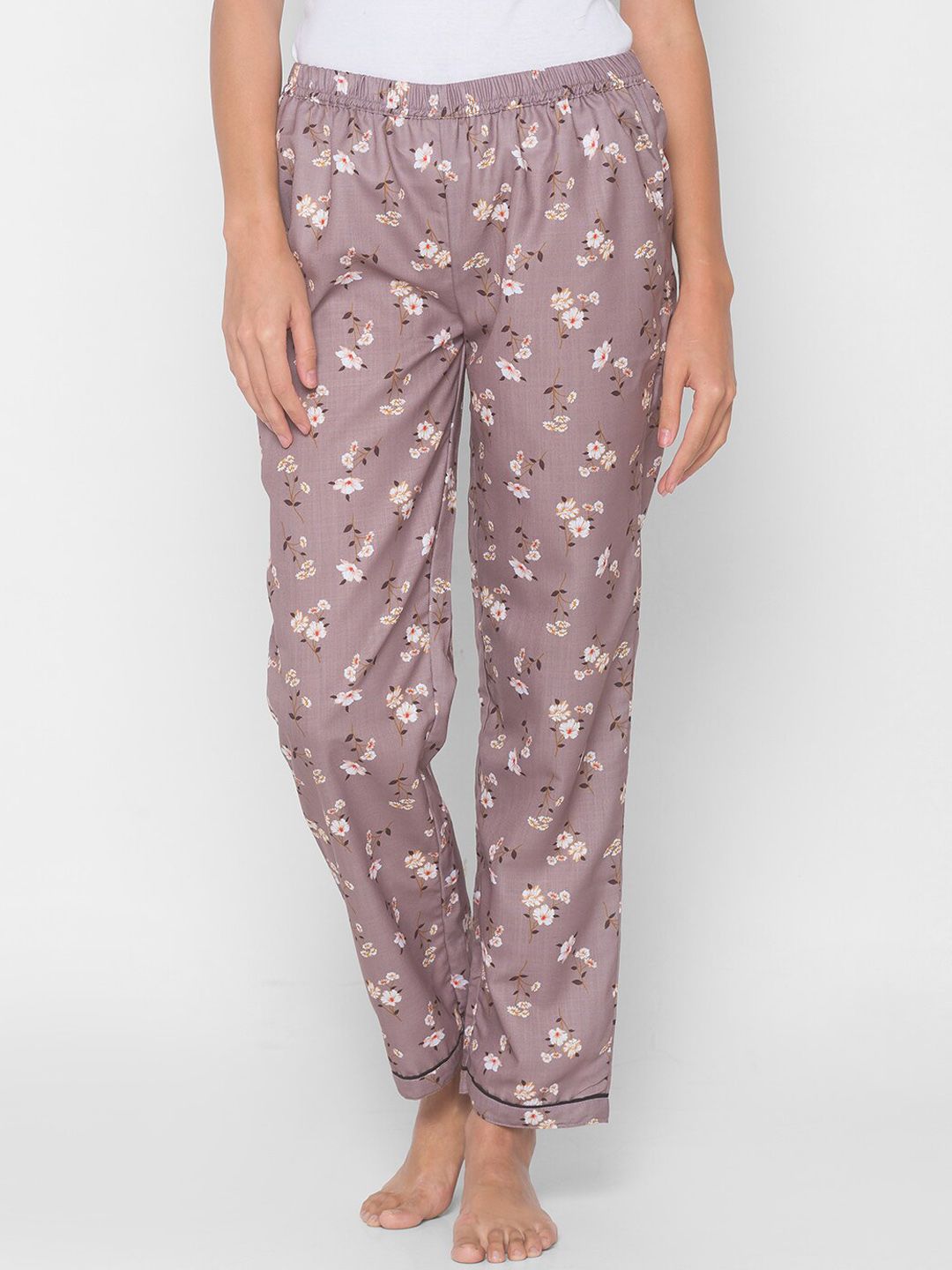 NOIRA Women Brown & White Floral Printed Mid-Rise Cotton Lounge Pants Price in India