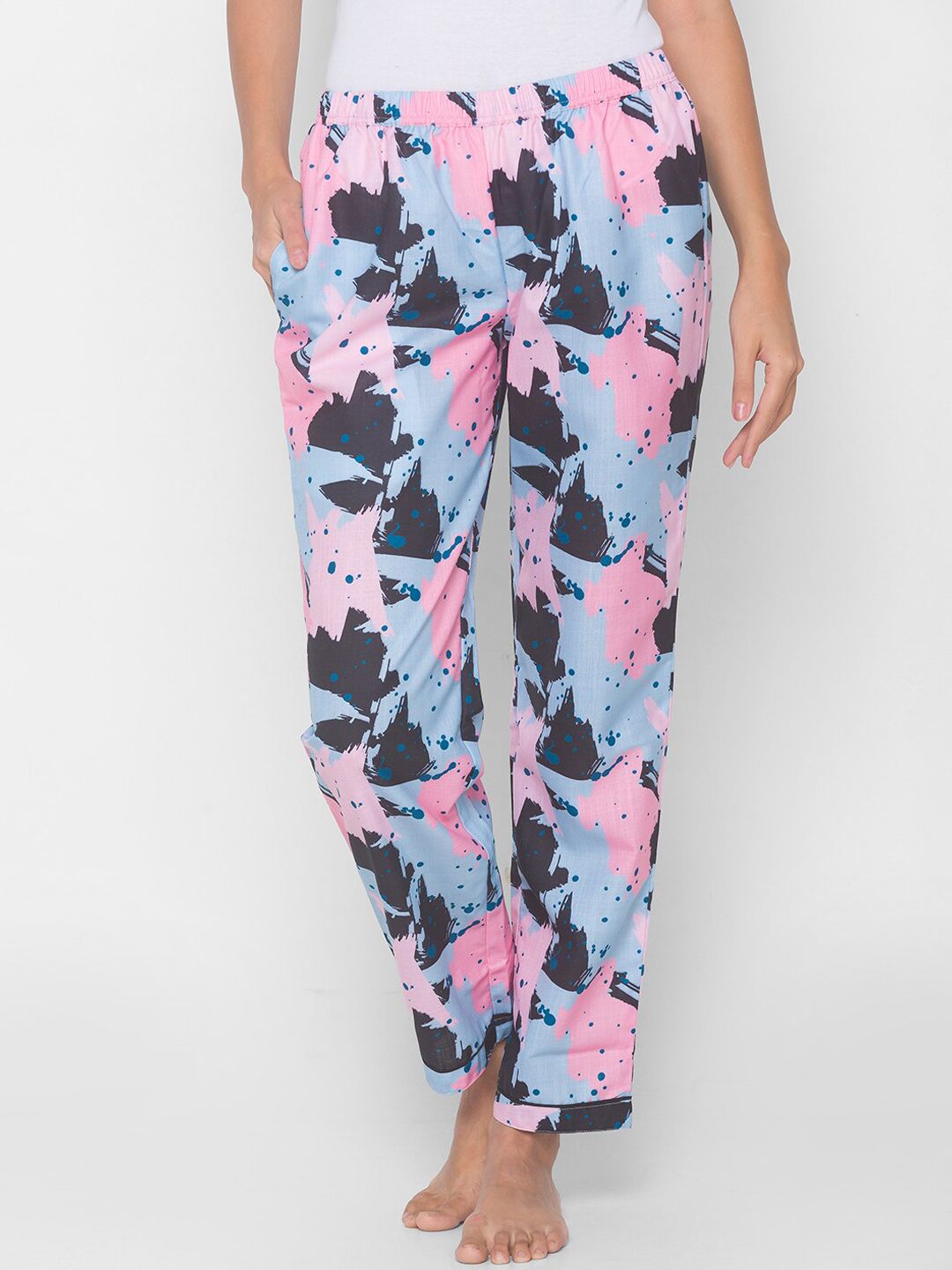 NOIRA Women Blue & Pink Abstract Printed Cotton Lounge Pants Price in India